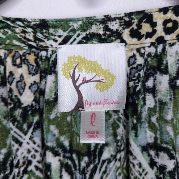 Fig & Flower Blouse Womens Large Green Yellow Leopard Print Abstract - Picture 9 of 10